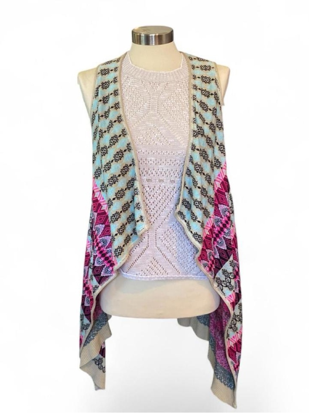 Say What? Multi Color Open-Front Knit Cardigan Vest